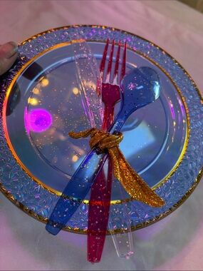Decorative Blue Iridescent Dinner Plate with Colorful Flatware